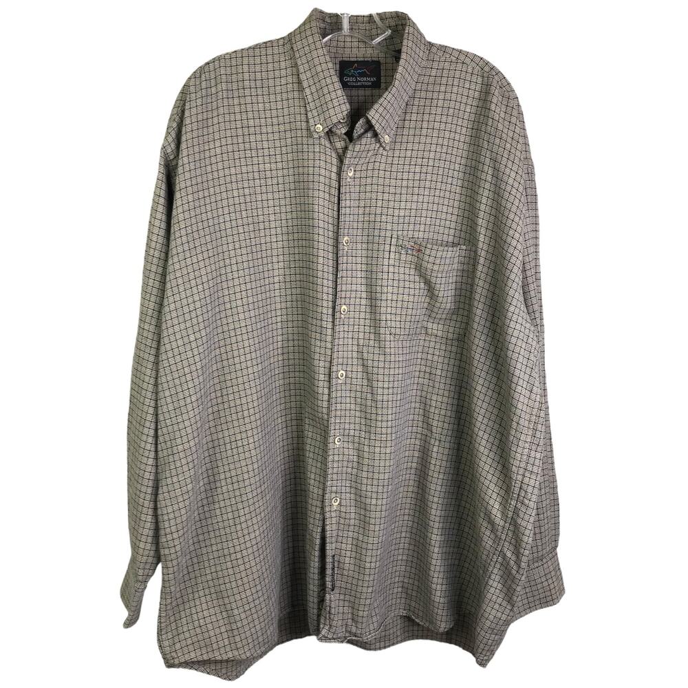 Greg Norman Button-Up Shirt Mens Size XL Brown Blue Checkered Long Sleeve Cotton